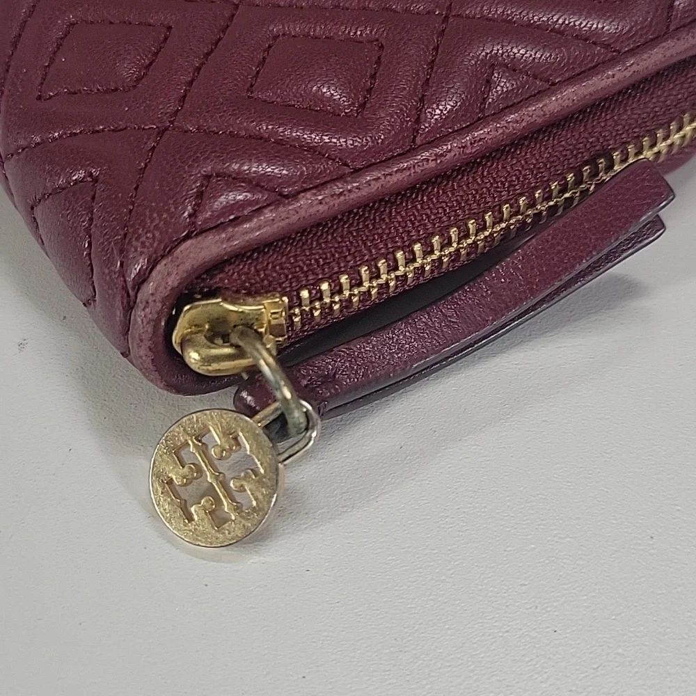Tory Burch Burgundy Quilted Diamond Zip Wallet